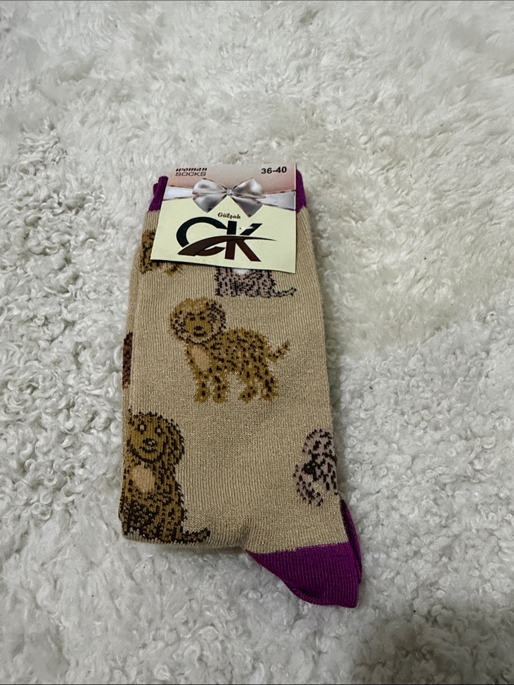 NWT Eco Chic Cute Dog Print Cotton Crew Socks in Beige with Purple Toe